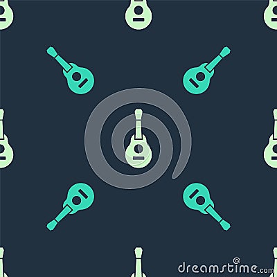 Green and beige Mexican guitar icon isolated seamless pattern on blue background. Acoustic guitar. String musical Vector Illustration