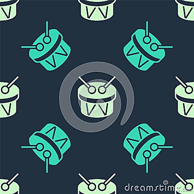 Green and beige Musical instrument drum and drum sticks icon isolated seamless pattern on blue background. Vector Vector Illustration