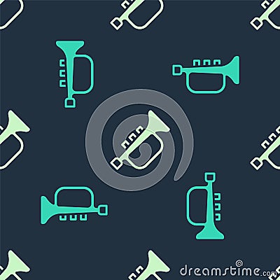 Green and beige Musical instrument trumpet icon isolated seamless pattern on blue background. Vector Vector Illustration