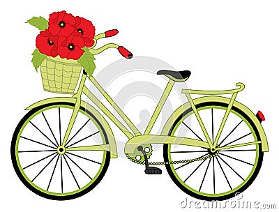 Green Bicycle with Basket of Poppy Bouquet. Vector Bike with Poppies Vector Illustration