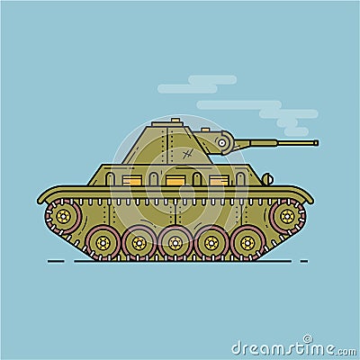 Green medium tank in profile, vector flat illustration, outline icon Vector Illustration