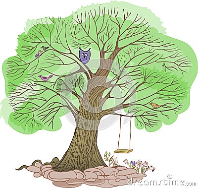 Green big tree swing Vector Illustration