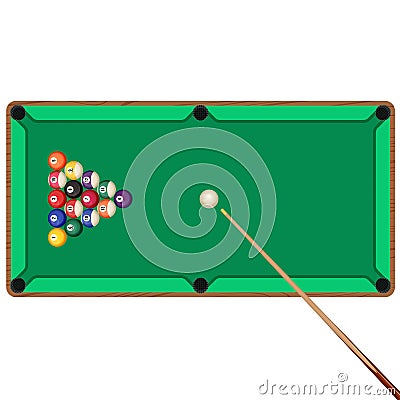Green billiard table with cue and balls in starting position Vector Illustration