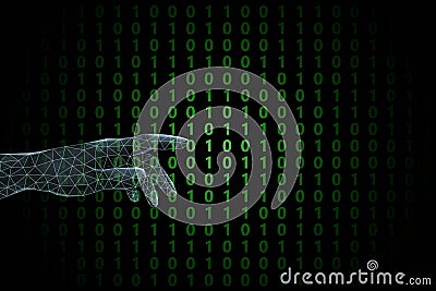 Green binary code on black background with plexus lines hand Cartoon Illustration