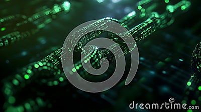 Green Binary Code Flowing Along Blockchain Links, Depicting The Concept Of Decentralized Technology And Cryptographic Stock Photo