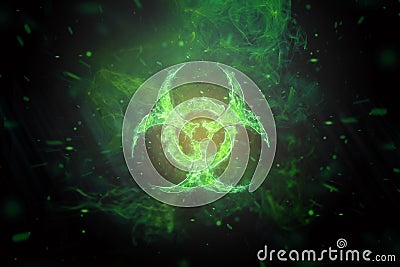 Green Biohazard Symbol on Black Background. Sign of biological hazard. The concept of chemical waste, pollution of the nature, Stock Photo