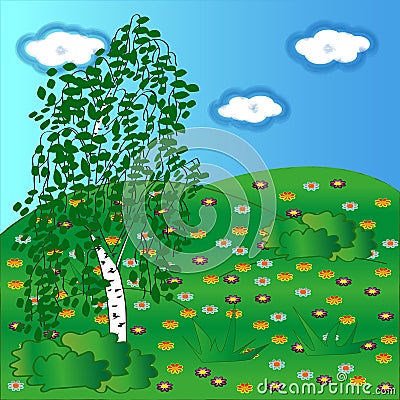 Green birch on a floral glade Vector Illustration