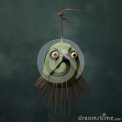 Green Bird Hanging By String: Zbrush-inspired Assemblage Art By Dan Matutina Stock Photo