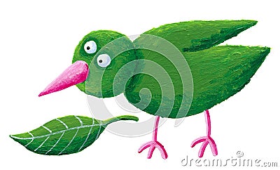 Green bird and leaf Cartoon Illustration