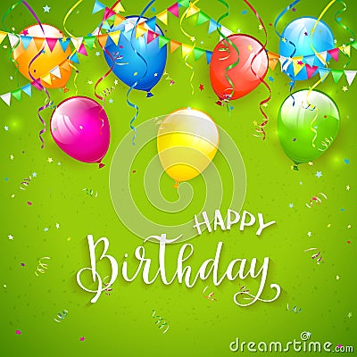 Green Birthday background with pennants and balloons Vector Illustration