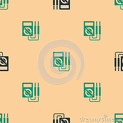 Green and black Ampere meter, multimeter, voltmeter icon isolated seamless pattern on beige background. Instruments for Vector Illustration