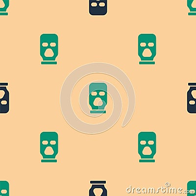 Green and black Balaclava icon isolated seamless pattern on beige background. A piece of clothing for winter sports or a Stock Photo