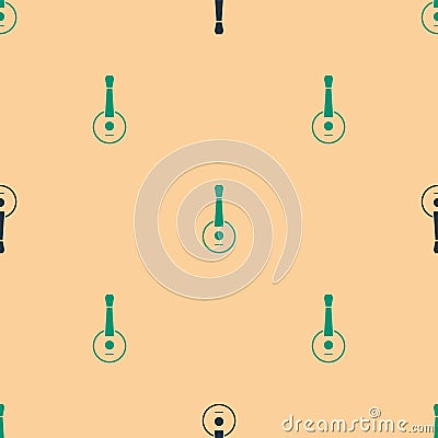 Green and black Banjo icon isolated seamless pattern on beige background. Musical instrument. Vector Vector Illustration