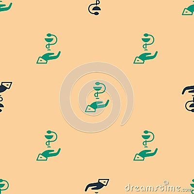 Green and black Caduceus snake medical symbol icon isolated seamless pattern on beige background. Medicine and health Vector Illustration