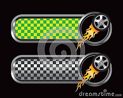 Green and black checkered tabs with flaming tire Vector Illustration