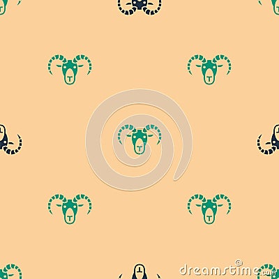 Green and black Head of goat or ram icon isolated seamless pattern on beige background. Mountain sheep. Animal symbol Vector Illustration