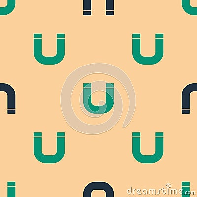 Green and black Magnet icon isolated seamless pattern on beige background. Horseshoe magnet, magnetism, magnetize Vector Illustration