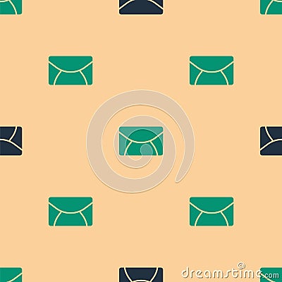 Green and black Mail and e-mail icon isolated seamless pattern on beige background. Envelope symbol e-mail. Email Vector Illustration