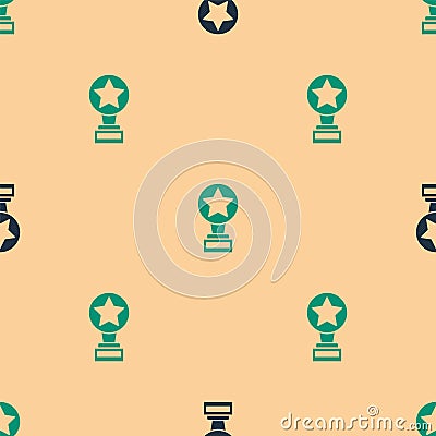 Green and black Movie trophy icon isolated seamless pattern on beige background. Academy award icon. Films and cinema Vector Illustration
