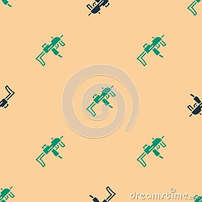 Green and black MP9 submachine gun icon isolated seamless pattern on beige background. Automatic weapon. Vector Vector Illustration