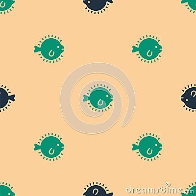 Green and black Puffer fish icon isolated seamless pattern on beige background. Fugu fish japanese puffer fish. Vector Vector Illustration