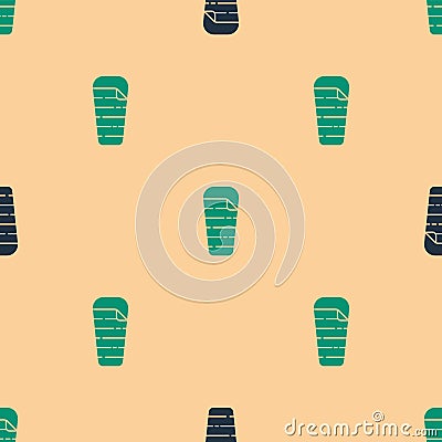 Green and black Sleeping bag icon isolated seamless pattern on beige background. Vector Vector Illustration