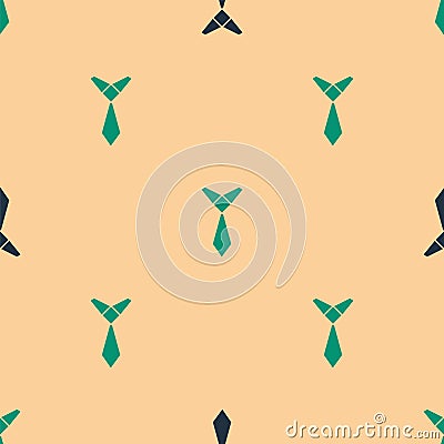 Green and black Tie icon isolated seamless pattern on beige background. Necktie and neckcloth symbol. Vector Stock Photo