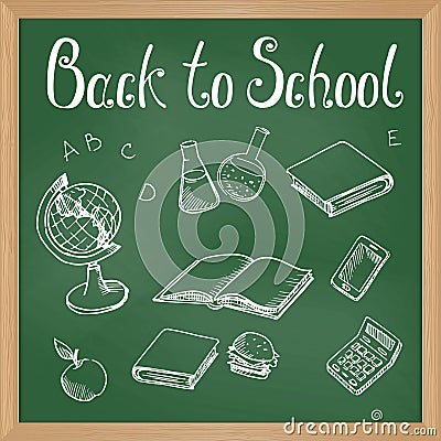 Green blackboard with chalk-drawn school objects Vector Illustration