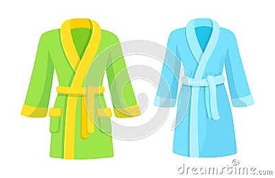 Green and blue bathrobe mockup. Soft comfortable cotton bathrobe for spa and bathroom. Personal hygiene items cartoon vector Vector Illustration