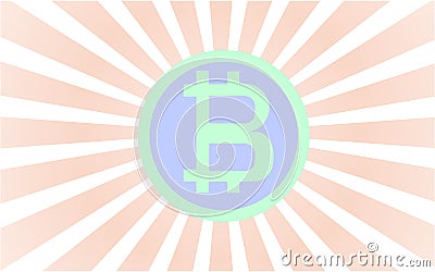 Green and blue bitcoin with rad rays coming from behind the coin. Vector Illustration