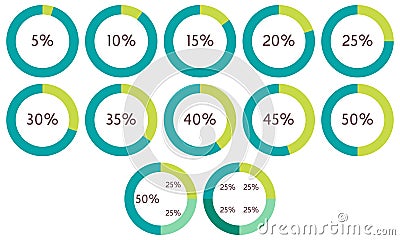 5 10 15 20 25 30 35 40 45 50 percent pie charts. Vector percentage infographics. Circle diagrams isolated Vector Illustration