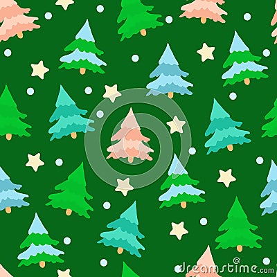 Green, blue, coral spruces and stars on a dark green background. Seamless pattern for backgrounds, packaging, textiles. Vector Illustration