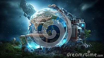 Green and blue Earth. Green technology and Environmental technology. Science Technology. Generated AI Stock Photo