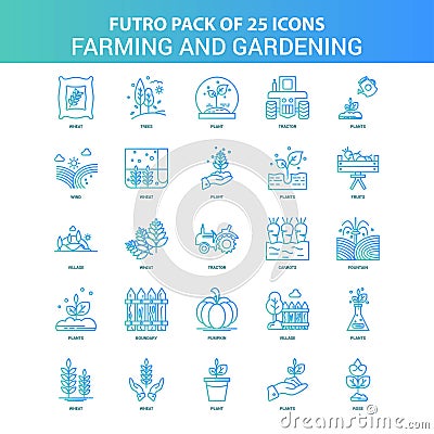 25 Green and Blue Futuro Farming and Gardening Icon Pack Vector Illustration