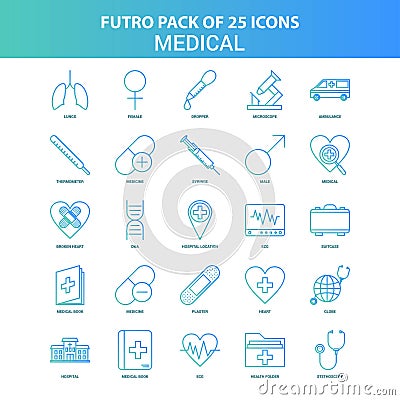 25 Green and Blue Futuro Medical Icon Pack Vector Illustration