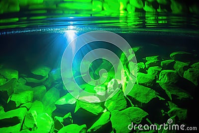 green and blue led lights illuminating under surface of water in pond Stock Photo