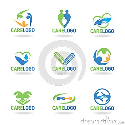 Green blue and orang Care logo vectoe set design Vector Illustration