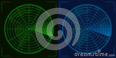 Green and blue radar screen with small planes. Civil and military aviation. Airplane and navy route control. Vector Vector Illustration