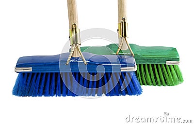 green, blue, regular brooms brushes Stock Photo