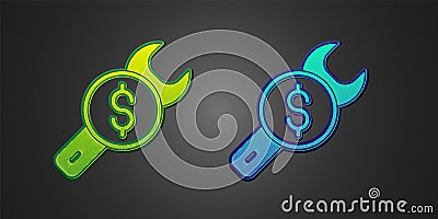 Green and blue Repair price icon isolated on black background. Dollar and wrench. Vector Vector Illustration