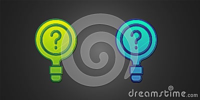 Green and blue Unknown search icon isolated on black background. Magnifying glass and question mark. Vector Vector Illustration
