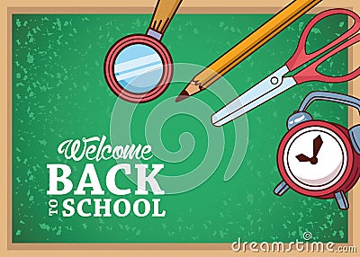 Green board with lupe pencil scissor and clock of back to school vector design Vector Illustration