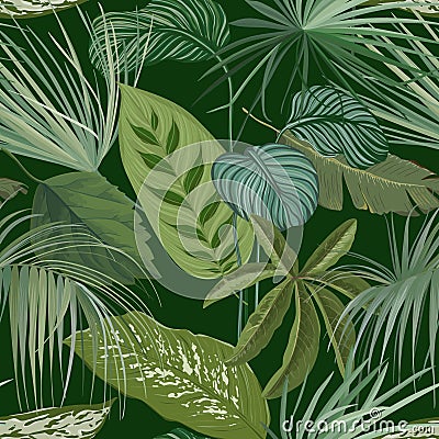 Green Botanical Background with Tropical Leaves and Branches, Seamless Pattern, Realistic Spathiphyllum Cannifolium Vector Illustration