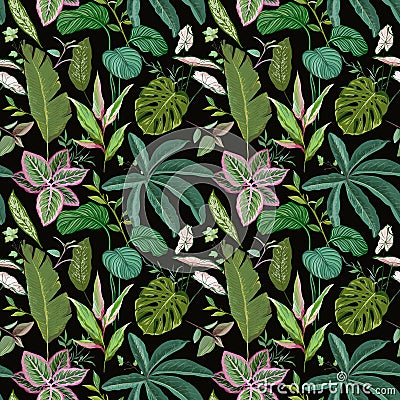 Green Botanical Background with Tropical Leaves and Branches, Seamless Pattern, Realistic Spathiphyllum Cannifolium Vector Illustration