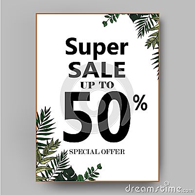 Green botanical summer tropical sale flyer with palm leaves and exotic plants. Vector Illustration