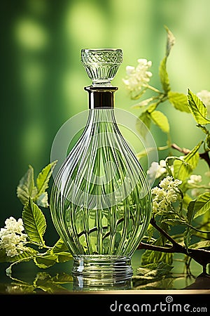 A green bottle of refreshing fragrance on a green background. Perfume, eau de parfum. Stock Photo