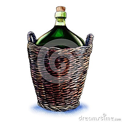 Green bottle of wine in wicker basket isolated on white Cartoon Illustration