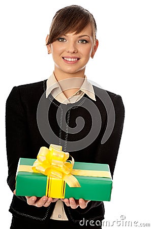 Green box with yellow bow as a gift Stock Photo