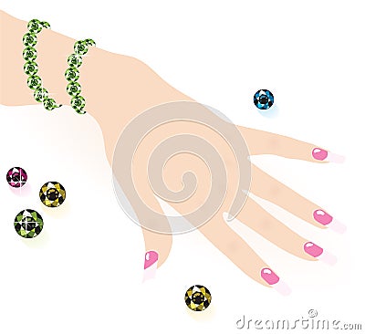 Green bracelet on woman hand Vector Illustration