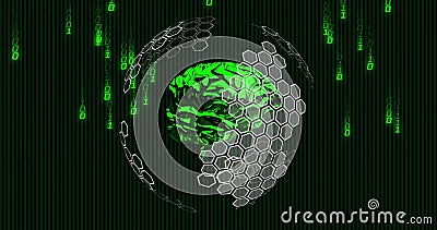 Green brain and hexagonal patterns with binary code image on dark background Stock Photo